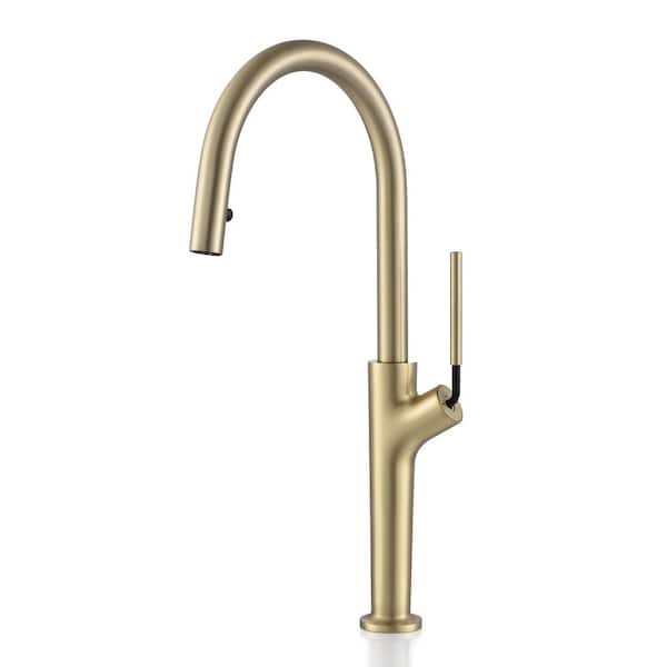 FLG Single Handle Pull Down Sprayer Kitchen Faucet with Pull Out Spray Wand Brass Commercial Sink Faucets in Brushed Gold
