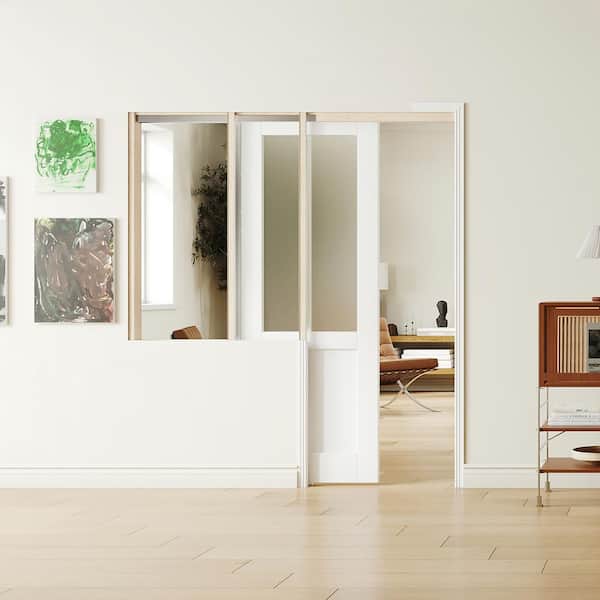 24 in. x 80 in. Pine and MDF Composite, White Primed, Half Frosted Glass Pocket Door with Soft Close Frame and Hardware