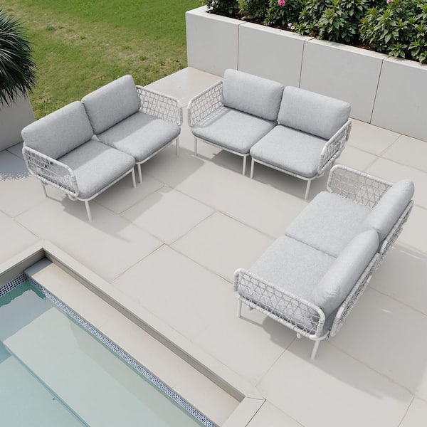6-Piece Rattan Aluminum Outdoor Sectional Set with Light Gray Cushions
