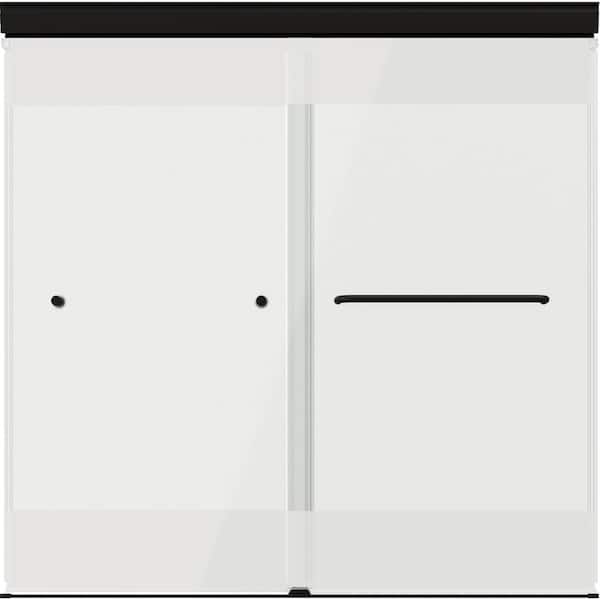 Portwood 60 in. W x 58 in. H Semi-Frameless Sliding Bathtub Door in Matte Black with 1/4 in. Frosted Privacy Glass