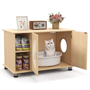 Wood Cat Litter Box Enclosure with Sisal Scratching Doors and Adjustable Metal Feet