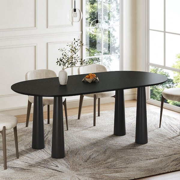 Lirago Oval Black Solid Wood 67 in. Kitchen Tables 4-Legs Dining Table Seats-6