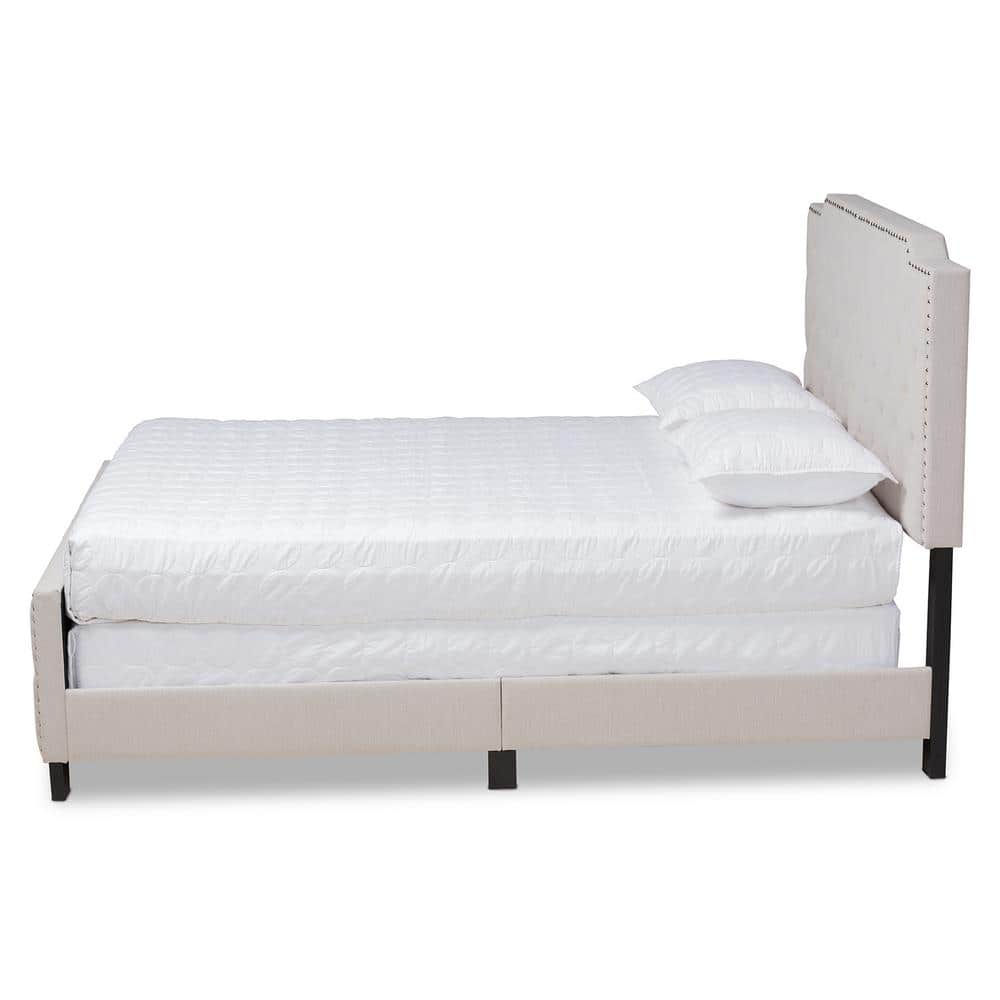 Elegant Beige Linen King Bed with Tufted Headboard and Nailhead Trim