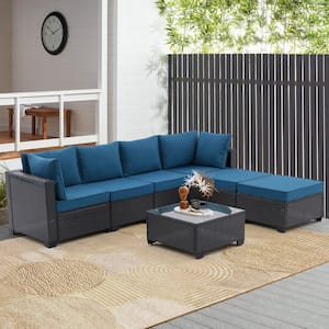 Modern 7-Piece PE Rattan Wicker and Steel Frame Patio Conversation Set Seasonal with Peacock Blue Cushions and Table