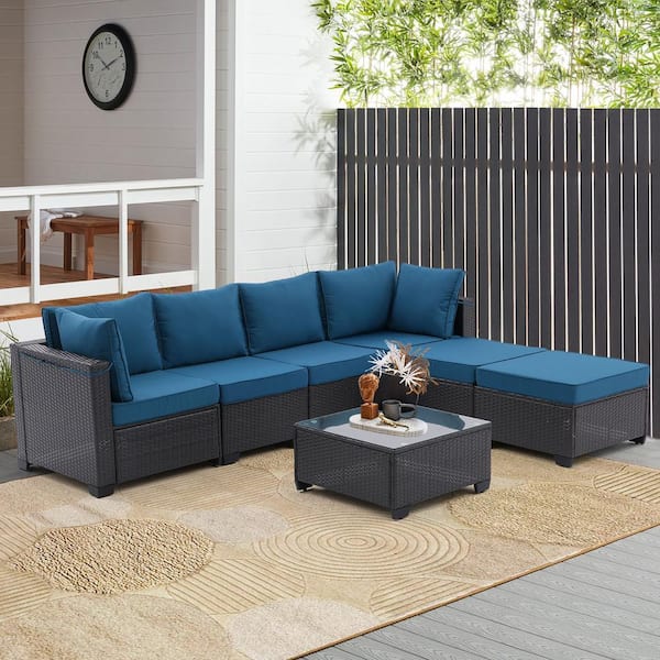 Unbranded Modern 7-Piece PE Rattan Wicker and Steel Frame Patio Conversation Set Seasonal with Peacock Blue Cushions and Table