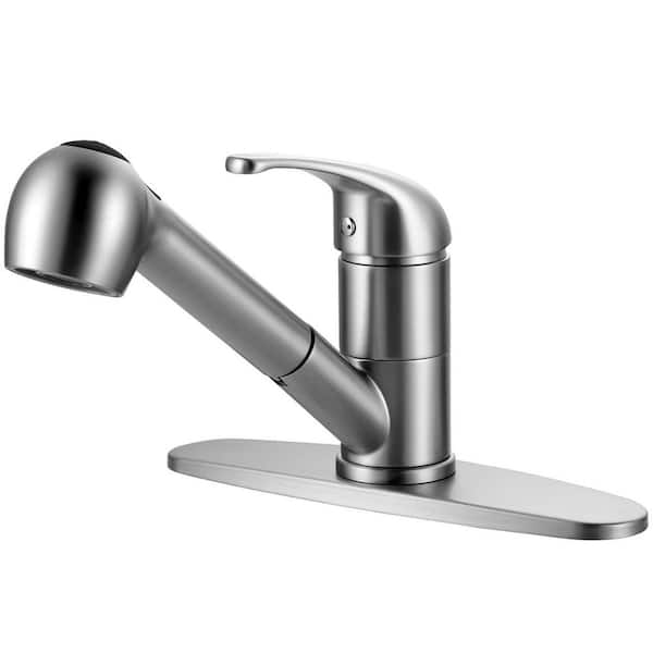 6 in. H Single Handle Swivel Spout Pull Out Sprayer Kitchen Faucet with 2-Mode and Deckplate Included in Brushed Nickel