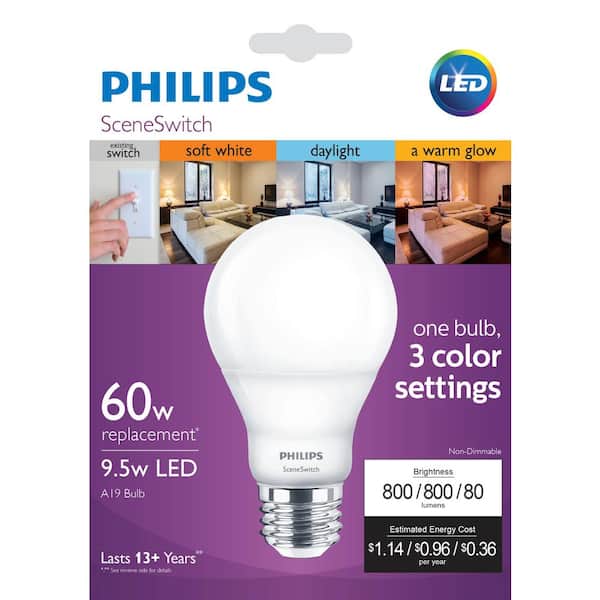 Philips 60-Watt Equivalent A19 SceneSwitch LED Light Bulb Daylight(5000K)/Soft White(2700K)/Warm Glow(2200K) - The Home Depot