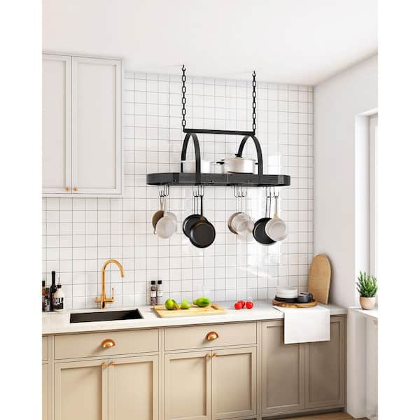 Hanging Pot Rack, Pot Hanger for Kitchen, Ceiling Mounted Pot Holder, Cookware Organizer with 12 S-Shaped Hooks, Black