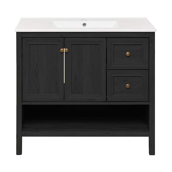 Château 36 in. Freestanding Bathroom Vanity in Black Oak with Ceramic Sink Top