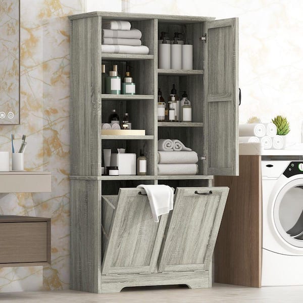 Oak 68 in. H Wood Accent Cabinet Tall Bathroom Storage Cabinet with Doors, Adjustable Shelves & Dual Tilt-Out Hampers