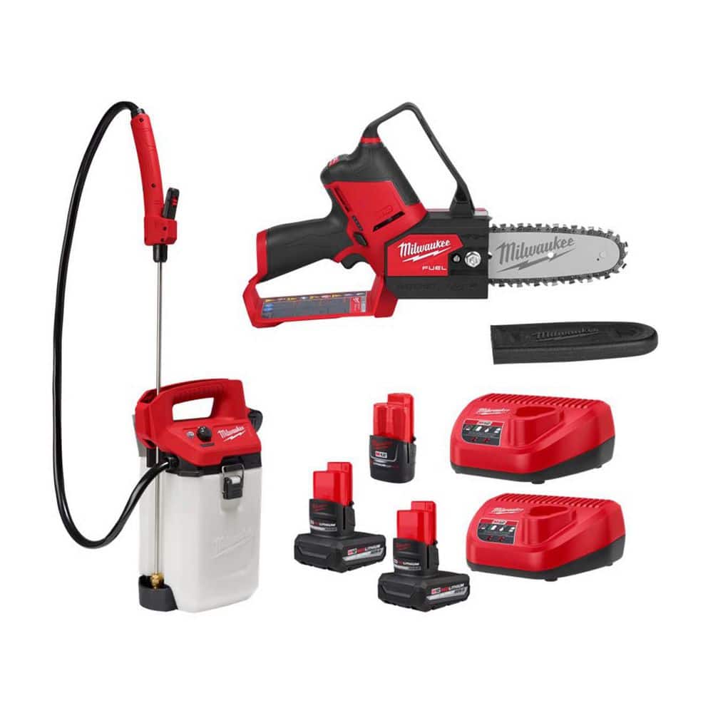 Milwaukee M12 FUEL 6 in. 12V Brushless Cordless Battery Pruning Mini Chainsaw w/ 2 Gal. Sprayer, (2) 5. 0Ah Batteries, Charger