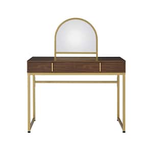 42 in. W x 19 in. D x 50 in. H Walnut Wooden Makeup Vanity with Mirror, Jewelry Trays, and Golden Frame