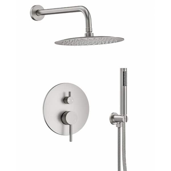 YAWWALK Single Handle 10 in. Round Wall Mount 2-Spray Shower Faucet with Pressure Balance Valve in Brushed Nickel