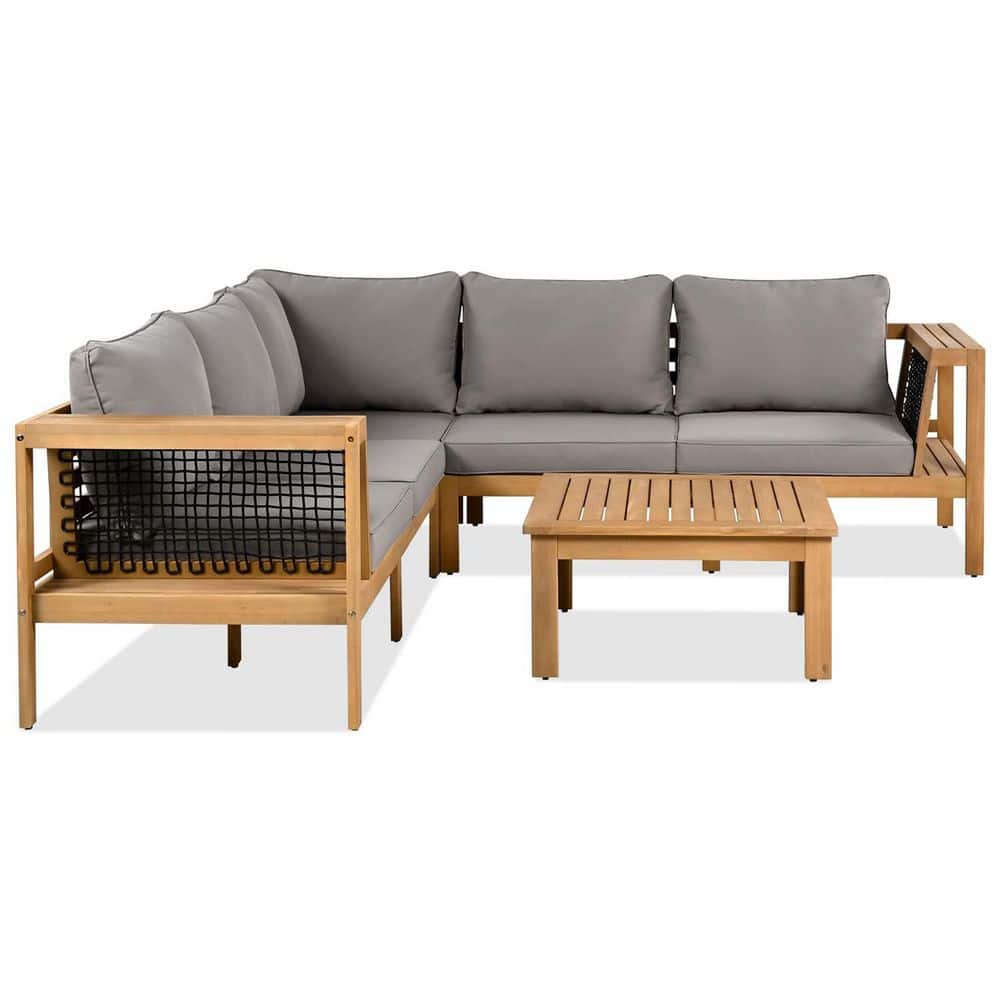 4-Piece Wood Patio Conversation Set with Gray Cushions, Outdoor Acacia Conv