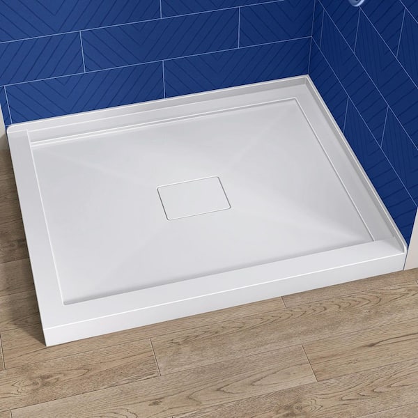 Moca 42 in. L x 34 in. W Double Threshold Alcove Shower Pan Base with Center Drain Cover Acrylic Bathroom Tray in White
