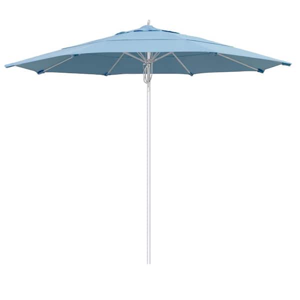 California Umbrella 11 ft. Silver Aluminum Commercial Fiberglass Ribs Market Patio Umbrella and Pulley Lift in Air Blue Sunbrella