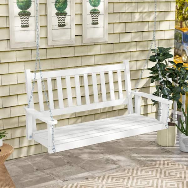 2-Person White Wood Outdoor Porch Swing with 500 lbs. Weight Capacity