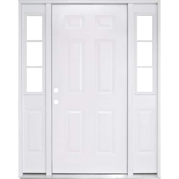 Steves & Sons 64 in. x 80 in. Element Series 6 Panel White Primed Right Hand Steel Prehung Front Door with 12 in. 3 Lite Sidelites