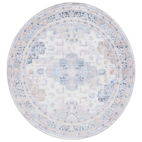 Bayside Grey/Blue 7 ft. x 7 ft. Machine Washable Border Medallion Round Area Rug