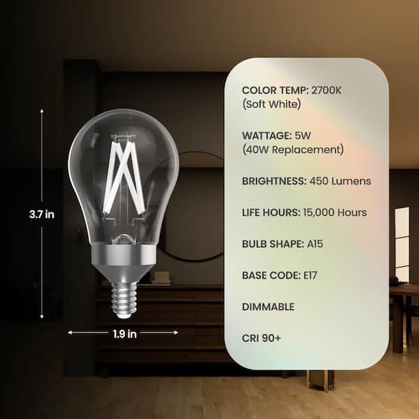 40-Watt Equivalent A15 Dim White Filament CEC Clear Ceiling Fan E17 Intermediate LED Light Bulb Soft White 2700K(2-Pack)