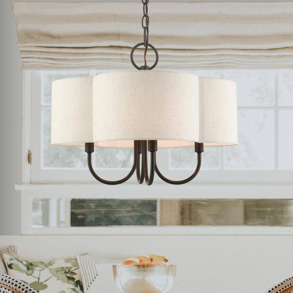 English Bronze Solstice Drum Chandelier with Oatmeal Shade