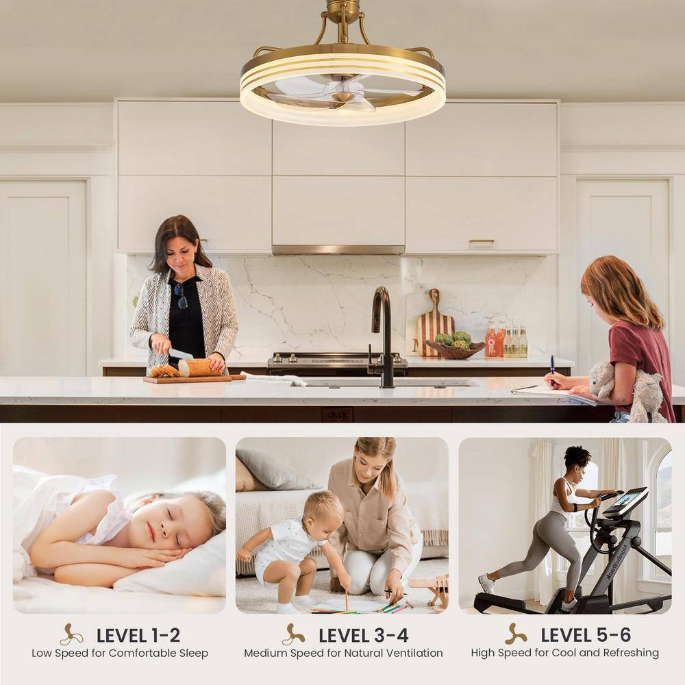 Gold Low Profile Flush Mount Ceiling Fan with LED Light and Remote
