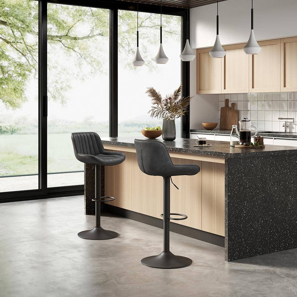 Zouron Adjustable Swivel Bar Stools, Black Faux Leather & Metal