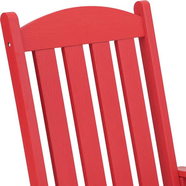 Bright Red Plastic Adirondack Outdoor Rocking Chair with High Back Porch Rocker for Backyard