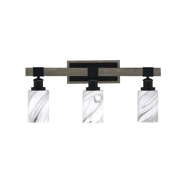 Unbranded Richmond 25.25 in. 3-Light Vanity Light Matte Black and Painted Wood-look Metal with 4 in. Onyx Swirl no bulbs included