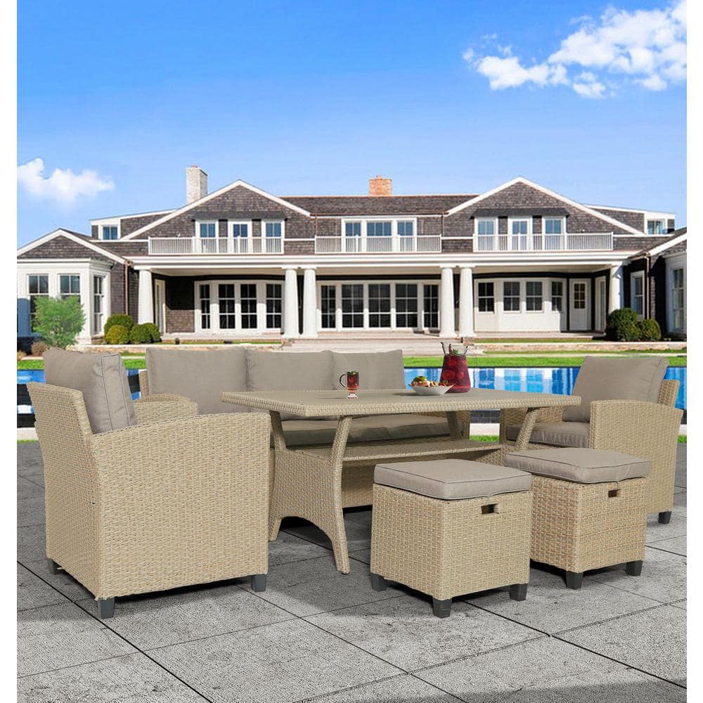 Brown 6-Piece Wicker Outdoor Patio Sectional Set with Brown Cushions