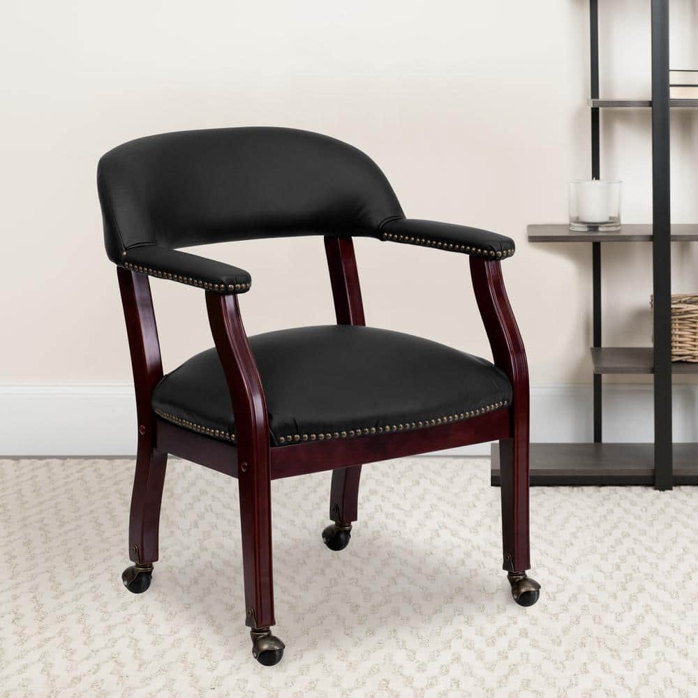 Black Leather Mid-Back Conference Chair with Wood Frame