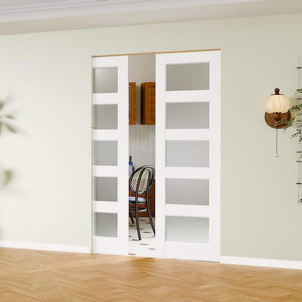 48 in. x 80 in. 5-Lite Frosted Glass, Solid Core, DIY Painted, White Primed, MDF Sliding Door with All Hardware
