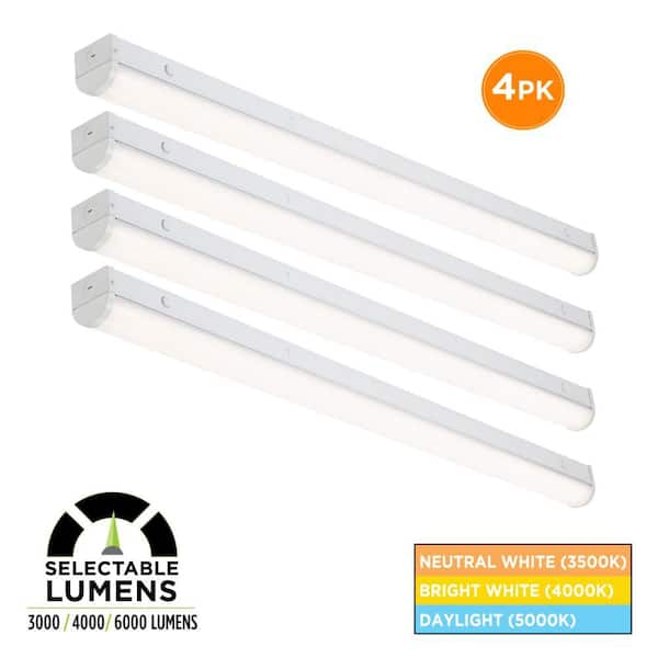 4-Pack 4 ft. Commercial Integrated LED White Strip Light Fixture Selectable CCT 3500K/4000K/5000K, 3000/4000/6000 Lumens