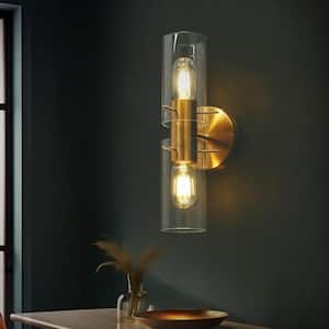 Modern 13.4 in. 2-Light Plated Brass Wall Sconce with Cylinder Clear Glass Shades for Bedroom Foyer Bathroom Living Room