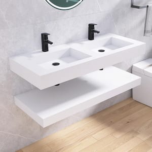 47 in. White Solid Surface Wall-Mounted Bathroom Double Vessel Sinks and Shelves with Faucet Holes