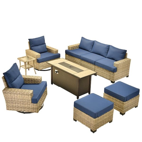 Torino Gray 9-Piece Wicker Outdoor Patio Conversation Deep Sofa Seating Set with Metal Fire Pit and Navy Blue Cushions