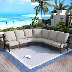 Black 6-Piece Metal Outdoor Sectional with Beige Cushions