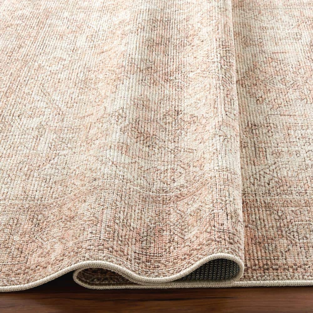Ivory and Coral Hand-knotted Rectangular Synthetic Rug