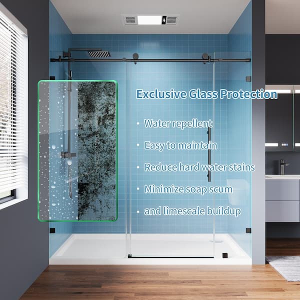 Logmey 72 in. W x 74 in. H Frameless Sliding Shower Door in Matte Black with Clear Glass