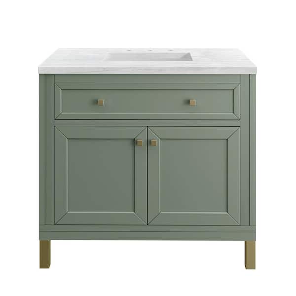 James Martin Vanities Chicago 36.0 in. W x 23.5 in. D x 34 in. H Bathroom Vanity in Smokey Celadon with Arctic Fall Solid Surface Top