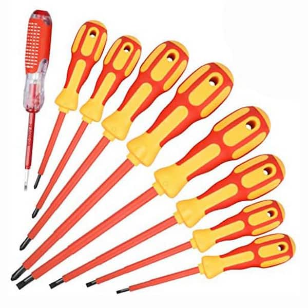 Insulated Electrician Screwdrivers Set 3-6in Shank 7 Bit Red Non-Slip Grip Magnetic Tip Hand Tool 9-Piece