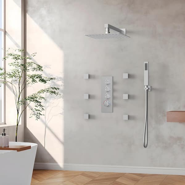 Bathroom Thermostatic Shower Sets. Square Shower Arm Twin Head Set.  Thermostatic Chrome Shower Faucet. Brass Thermostatic Mixer