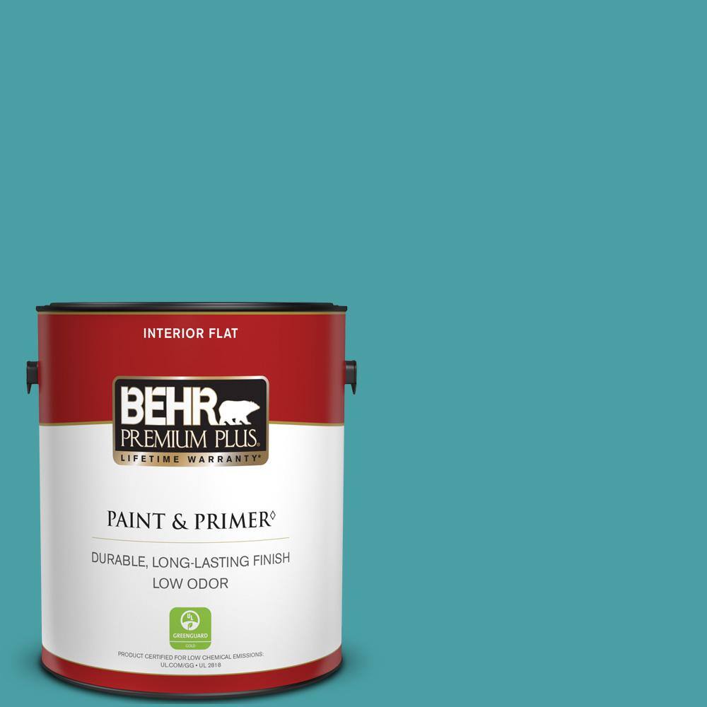 BEHR PREMIUM PLUS 1 gal. M4605 Aqua Fresco Flat Low Odor Interior Paint & Primer 140001 The