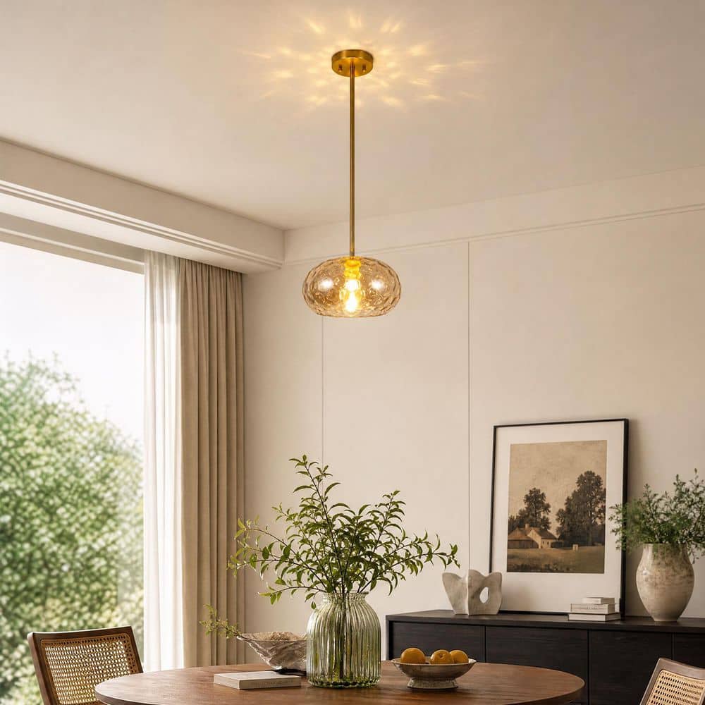 11.8 in. 1-Light Polished Brass Pendant Light with Amber Water Ripple Drum Glass Shade, E26 Base for Kitchen Island price history on PriceWatchPro