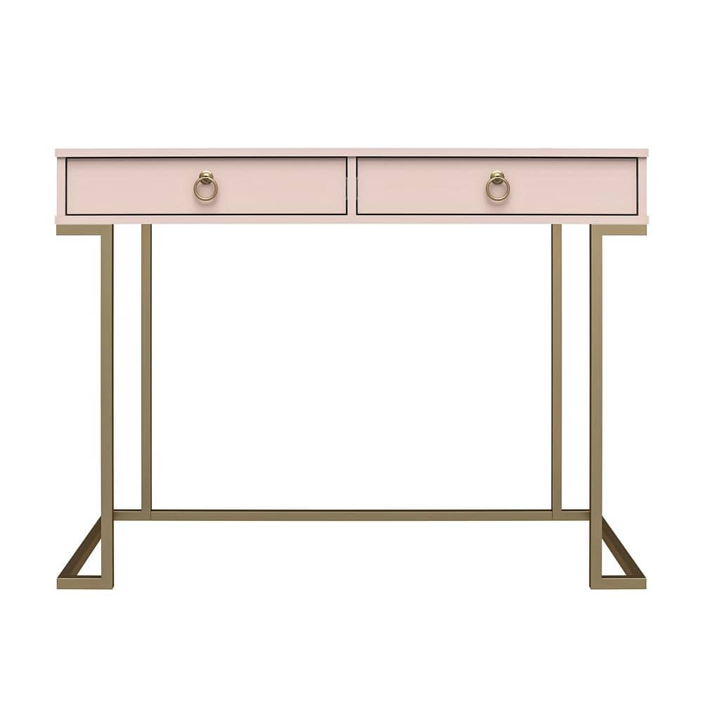 Pink Wood Writing Desk with Gold Metal Legs and Drawer