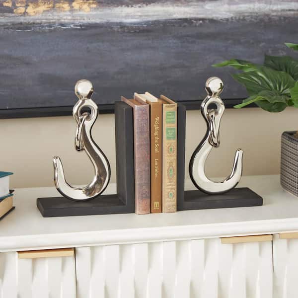 Litton Lane Silver Aluminum Metal Hook Bookends with Black Bases (Set of 2)