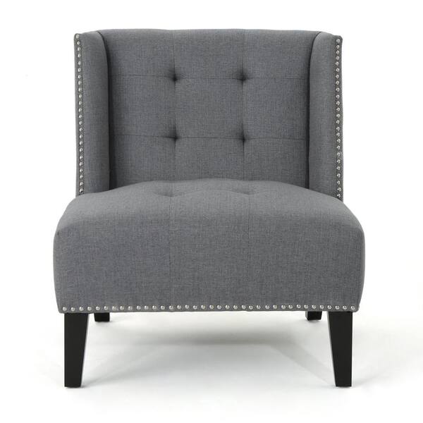 Noble House Takara Tufted Dark Gray Fabric Wingback Slipper Chair with Stud Accents