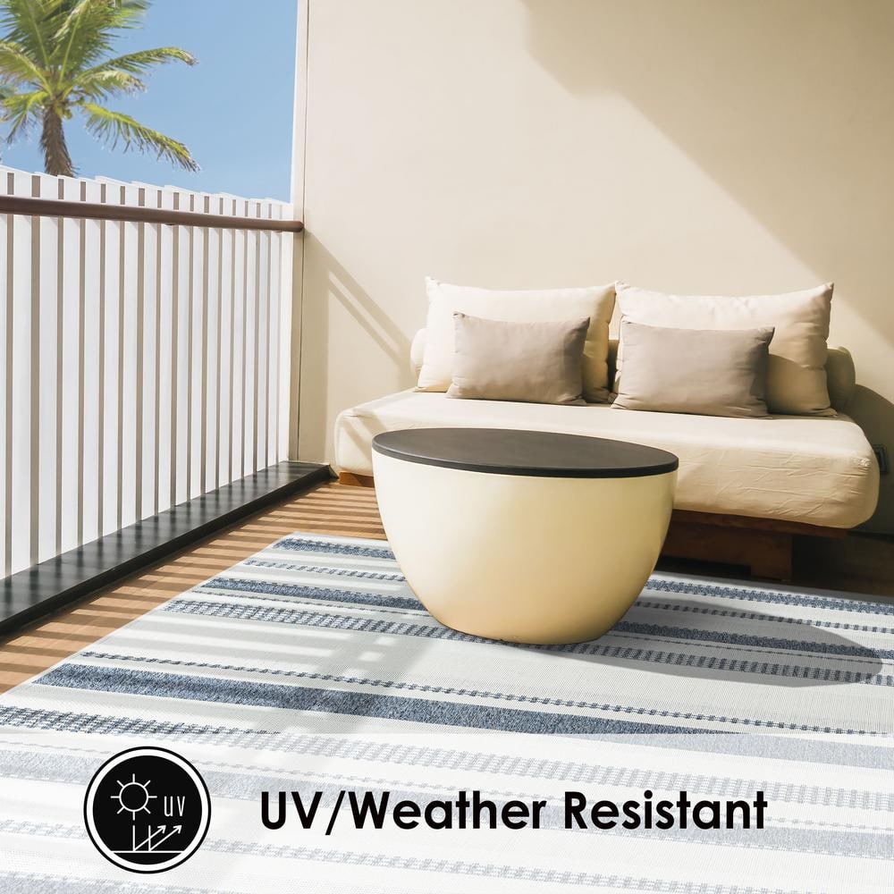 Dark Blue and Cream Striped Synthetic 8' x 10' Indoor/Outdoor Rug