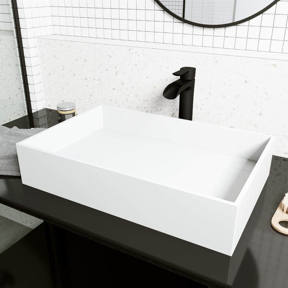 Matte White Stone Rectangular Vessel Bathroom Sink, 23" x 15"