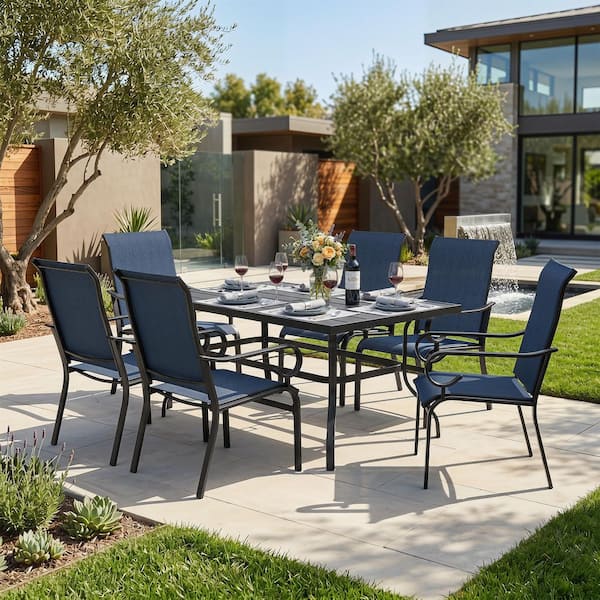 Black 7-Piece Textilene and Metal Rectangular Outdoor Dining Set, Breathable Textilene, Slatted Tabletop, Umbrella Hole